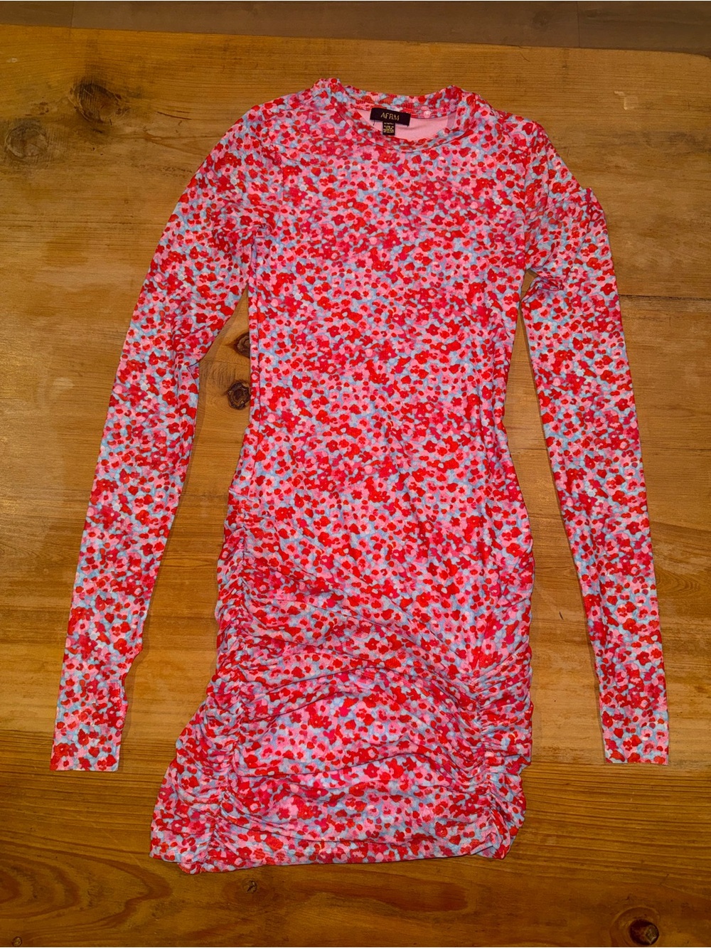 AFRM Floral Ruched Long Sleeve Bodycon Mini Dress XS Pink Red